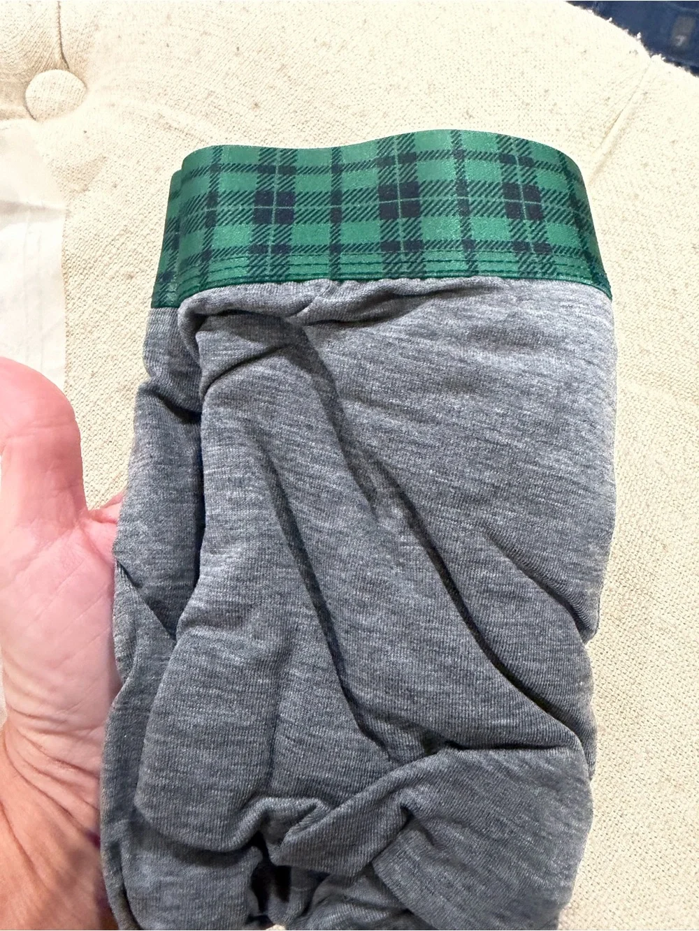 Tommy John Men Gray Bottoms with Green Plaid Waistband